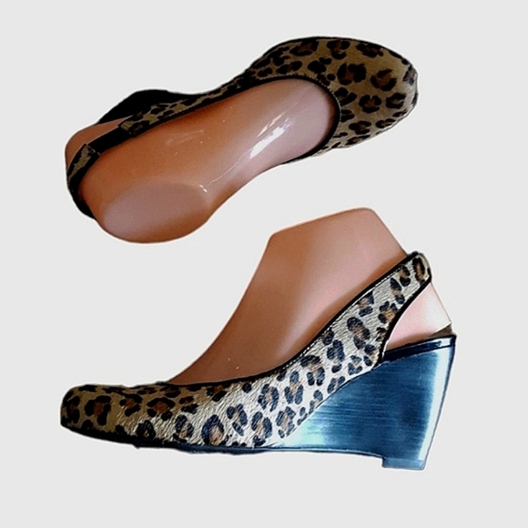 Franco Sarto Calf Hair Lepoard Sculpted Wood Stack Wedges - Picture 1 of 7